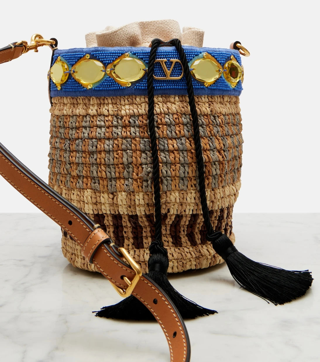 Valentino Garavani - VLogo Small embellished raffia-effect bucket bag