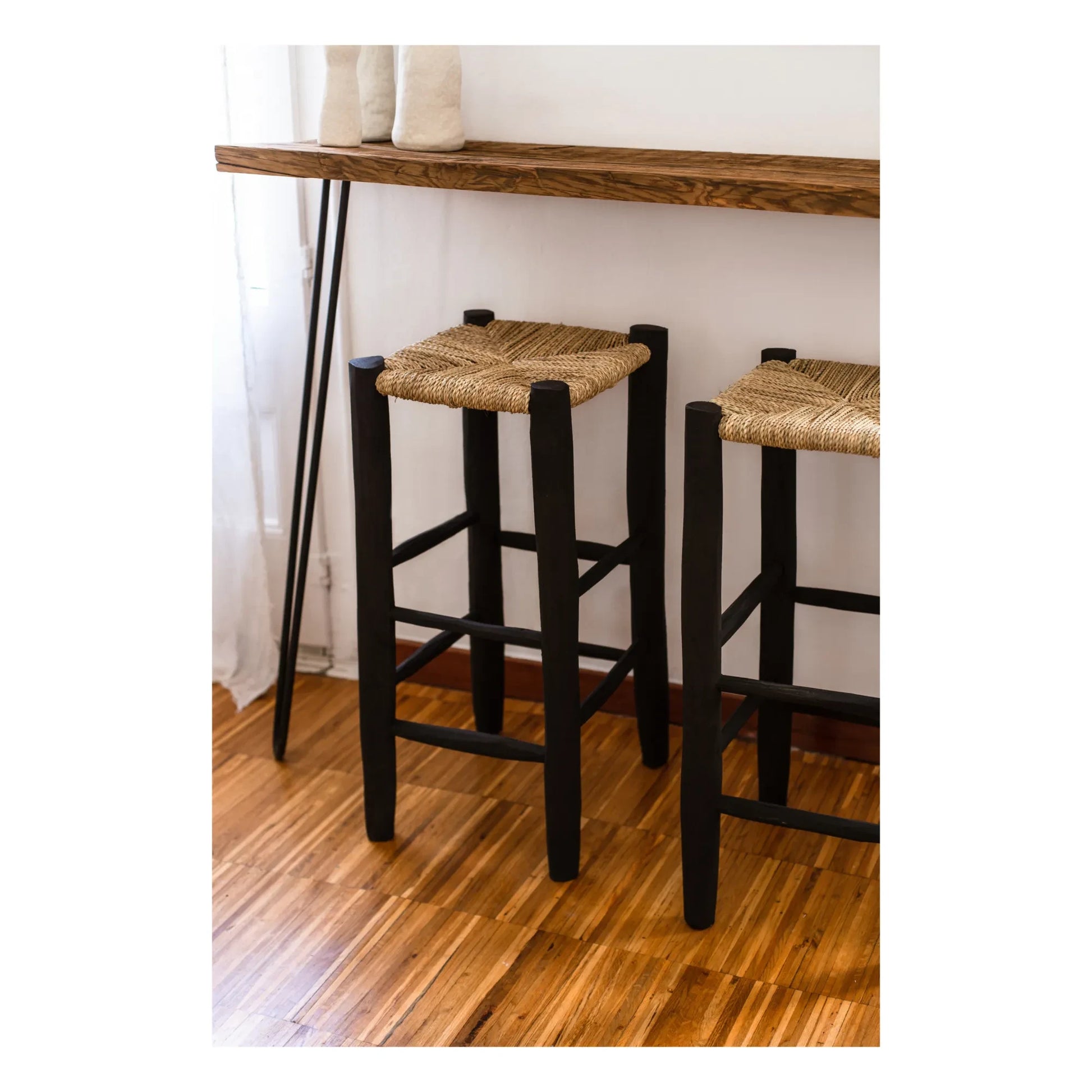 Cosydar - Palm Leaf and Painted Wood Stool | Black