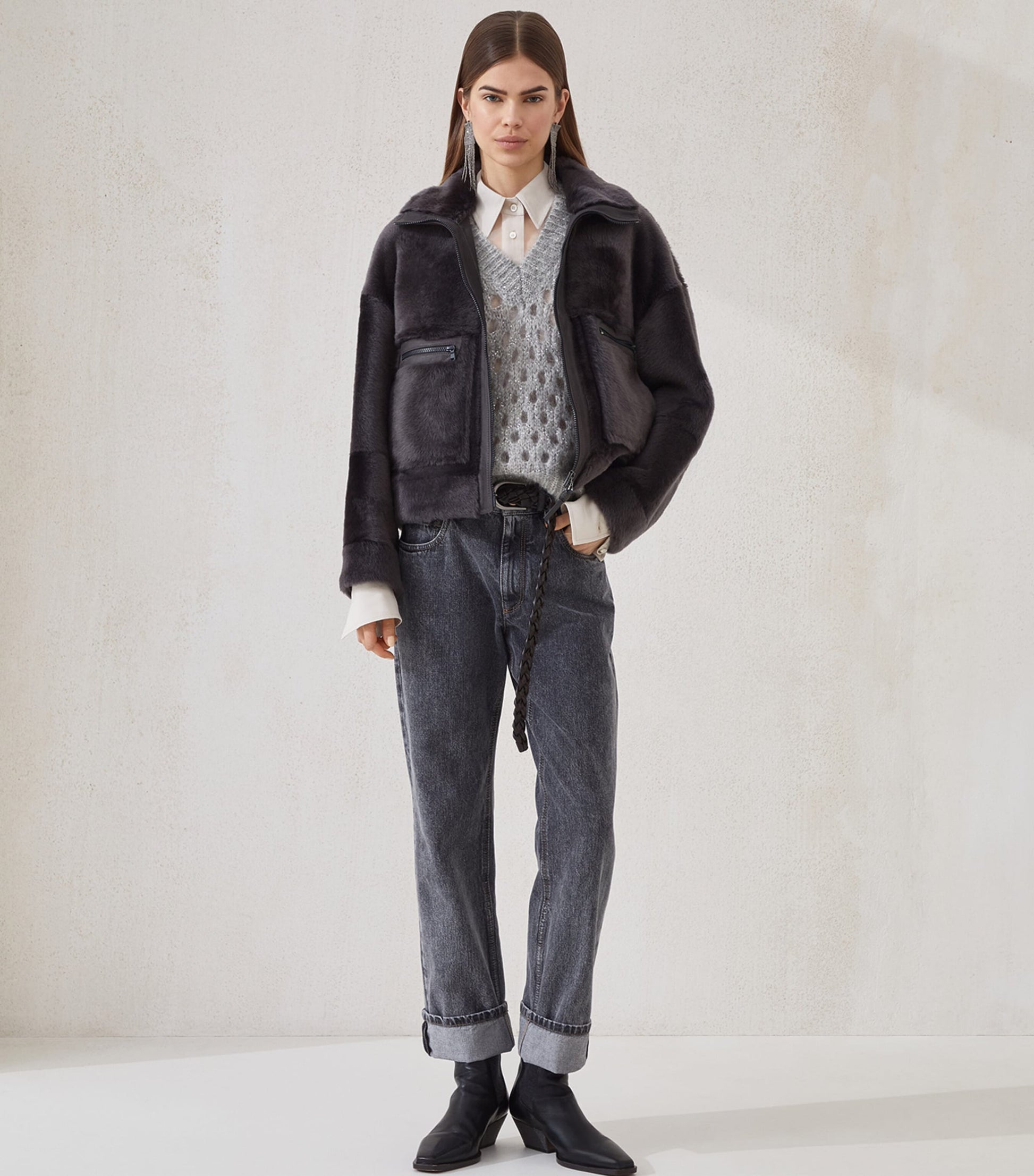 Brunello Cucinelli Black Shearling-Leather Jacket