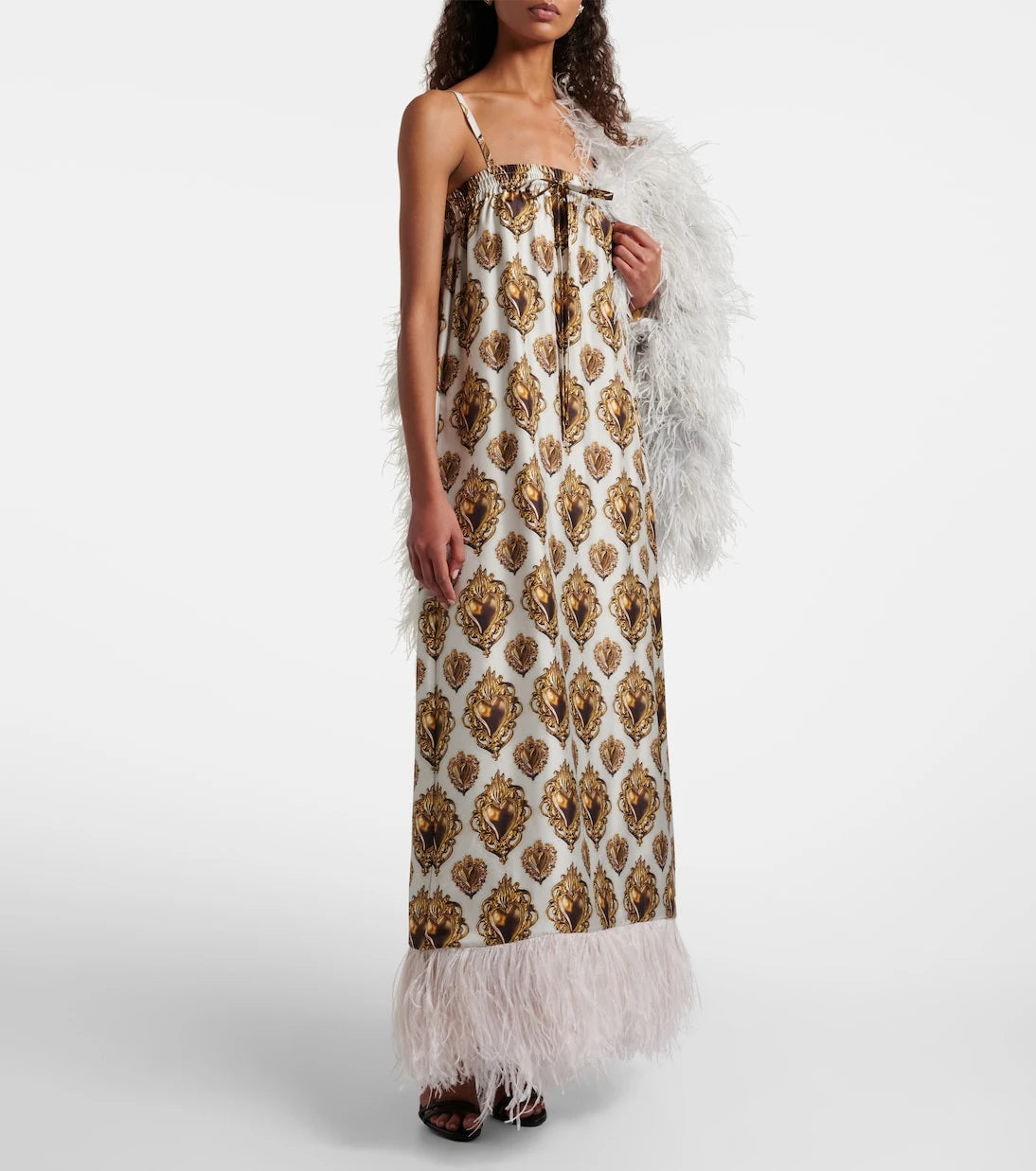 Dolce&Gabbana - Feather-trimmed printed silk maxi dress