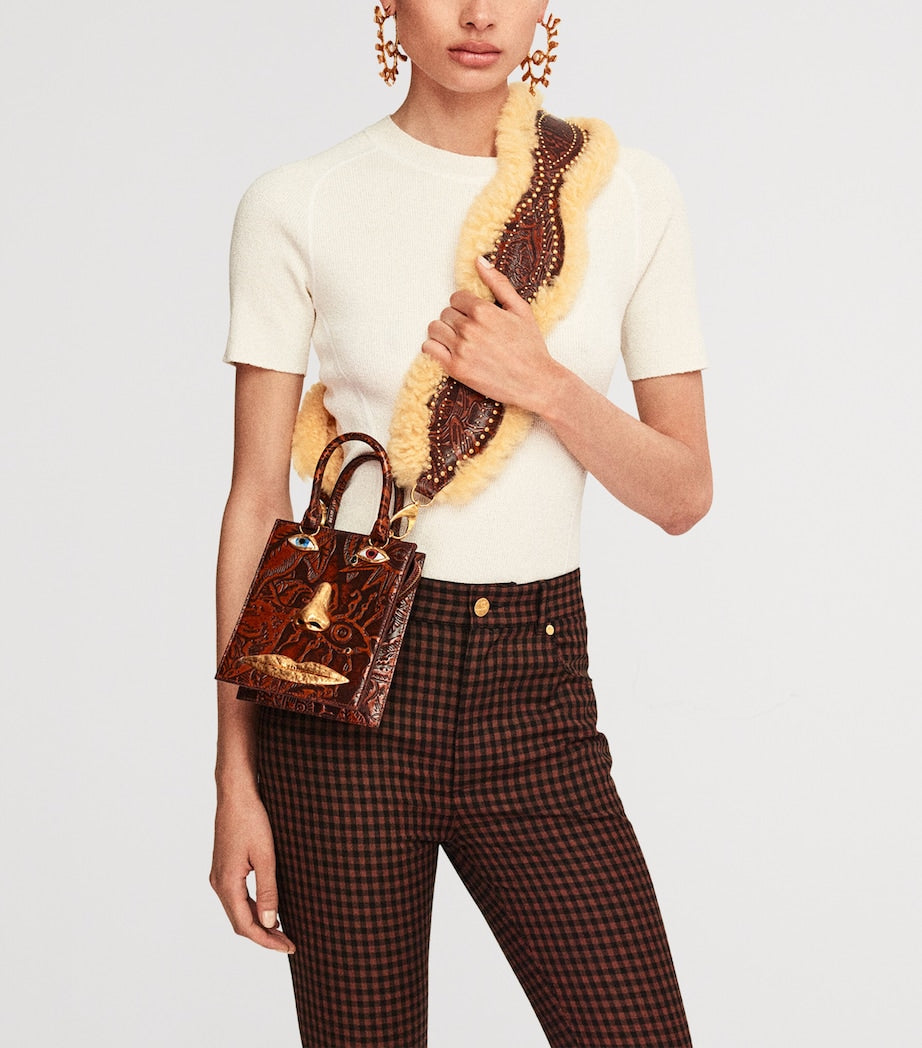 Mini Etched-Leather Face Top-Handle Bag