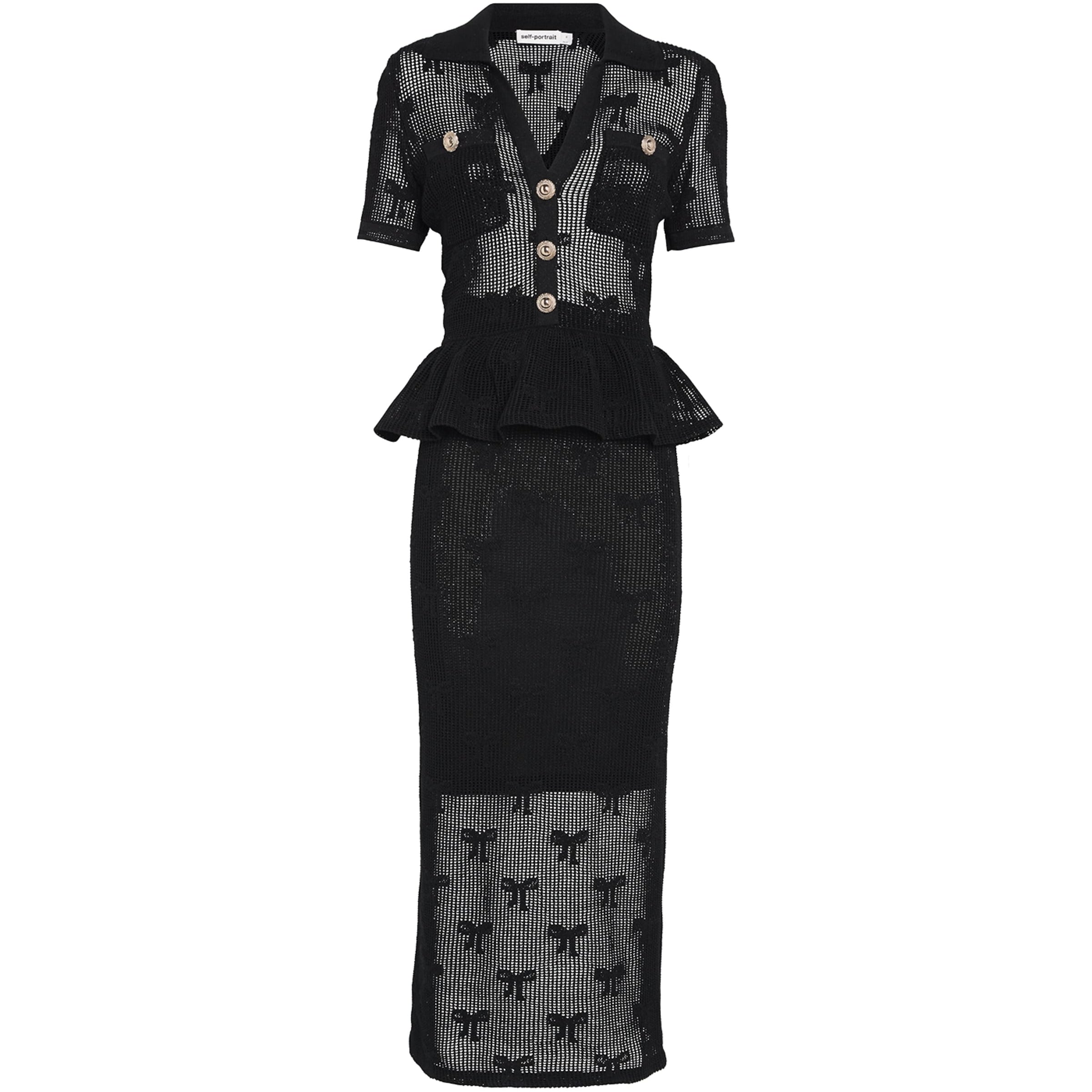 Self-Portrait Black Crochet Peplum Midi Dress