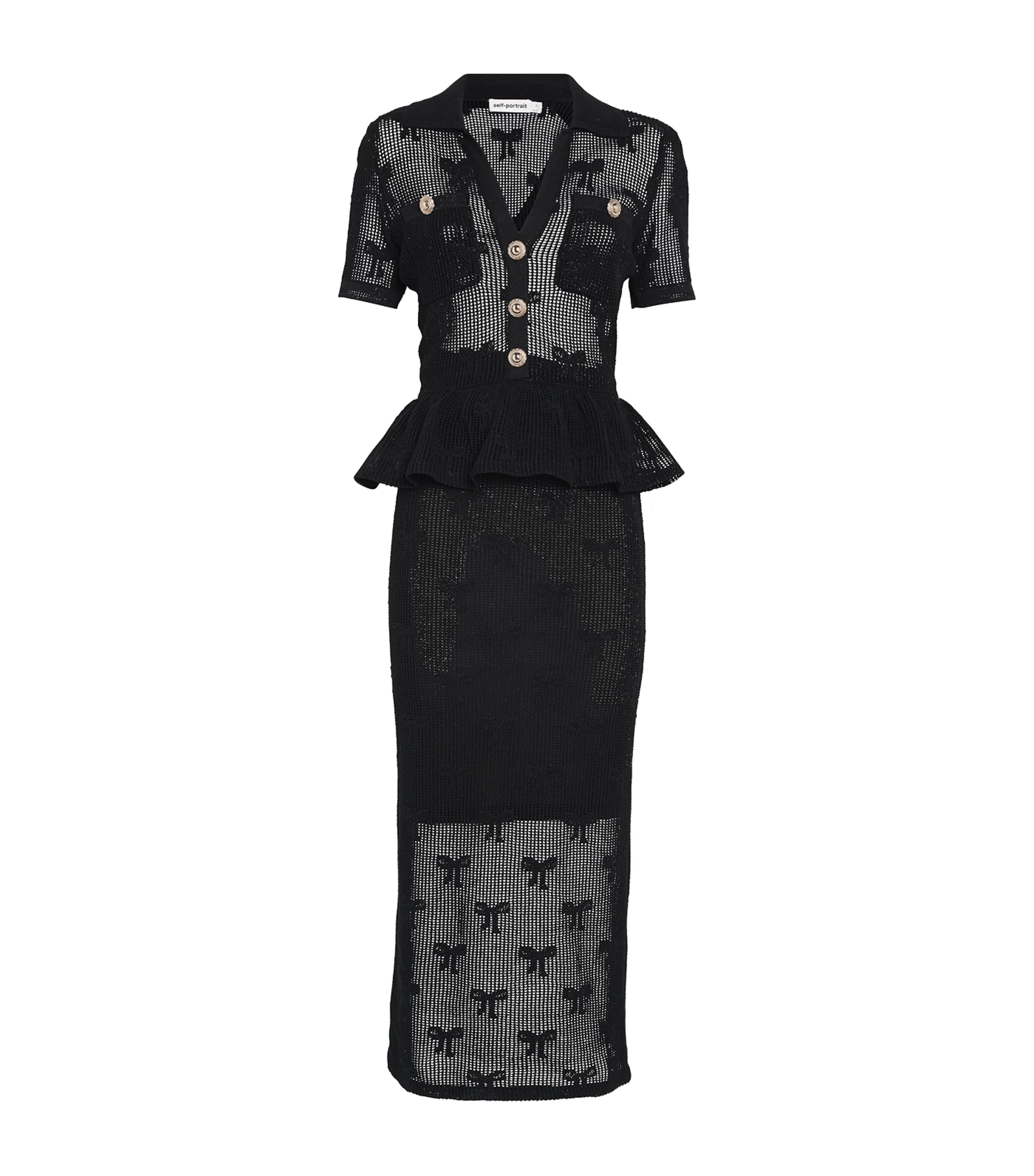 Self-Portrait Black Crochet Peplum Midi Dress