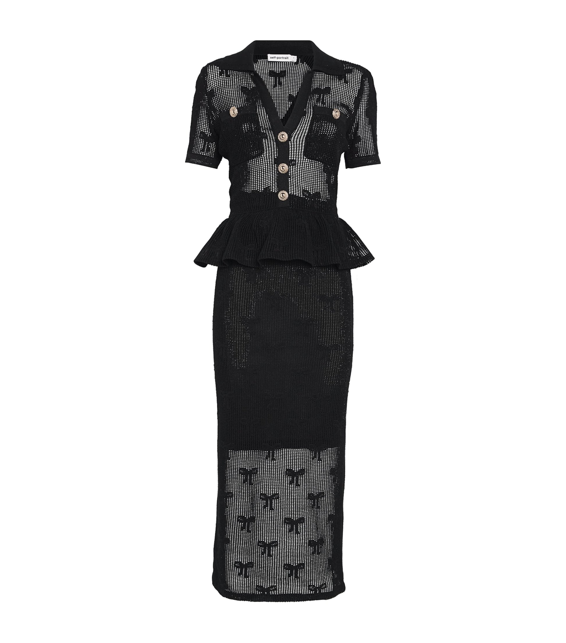 Self-Portrait Black Crochet Peplum Midi Dress