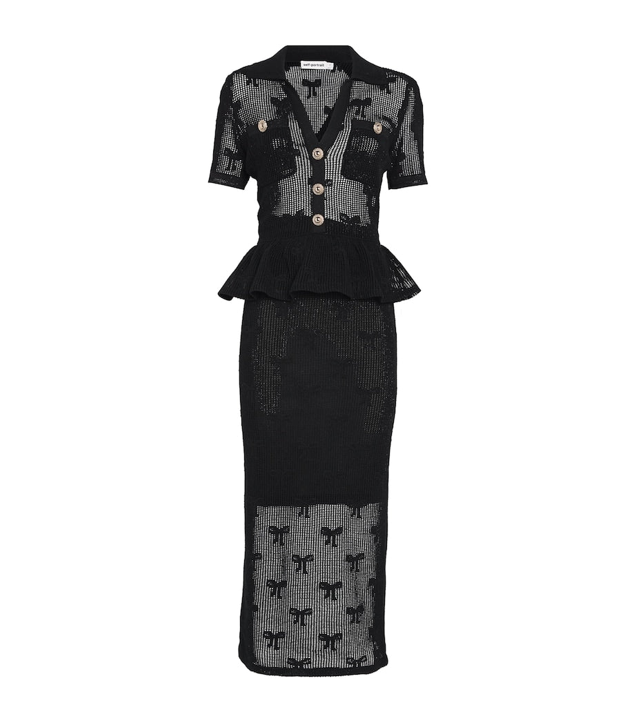 Self-Portrait Crochet Peplum Midi Dress BLACK