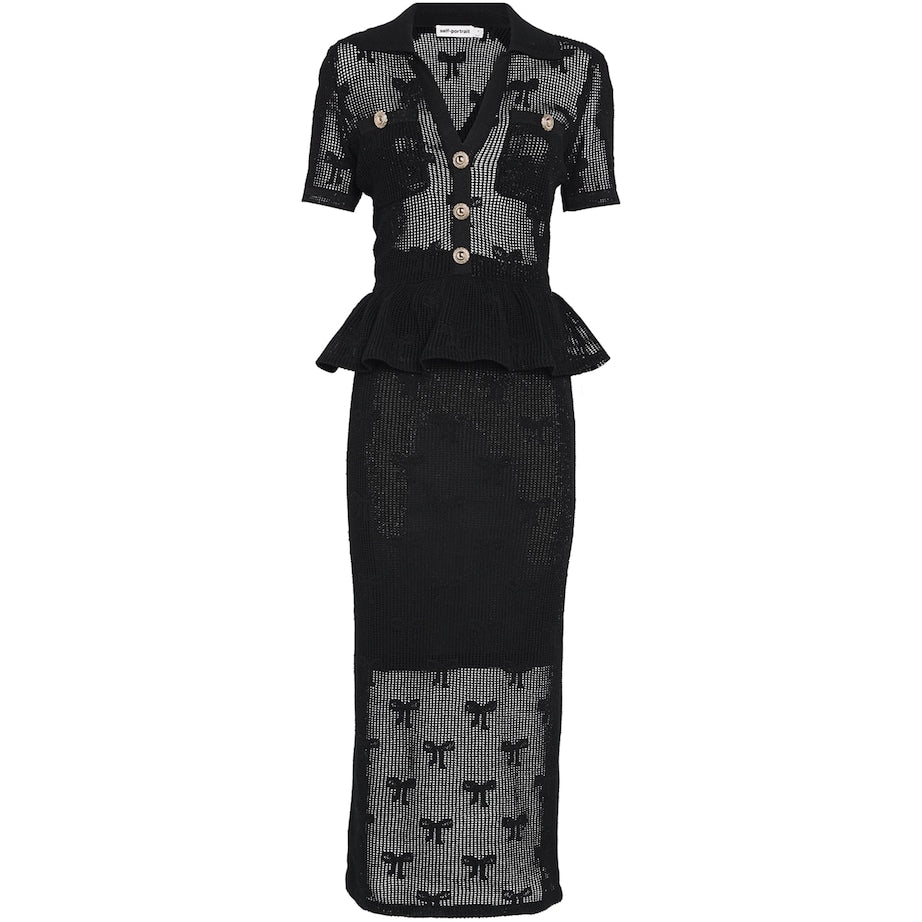Self-Portrait Crochet Peplum Midi Dress BLACK