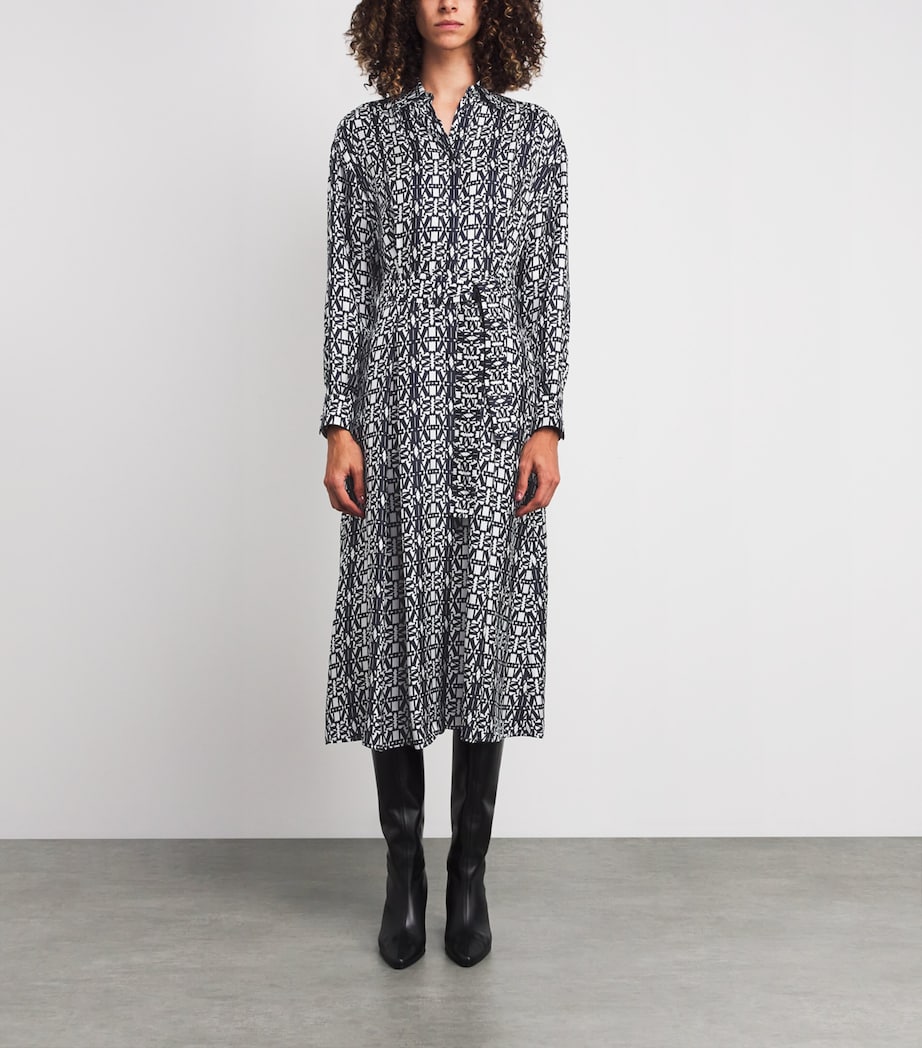 Blue Silk Monogram Midi Shirt Dress