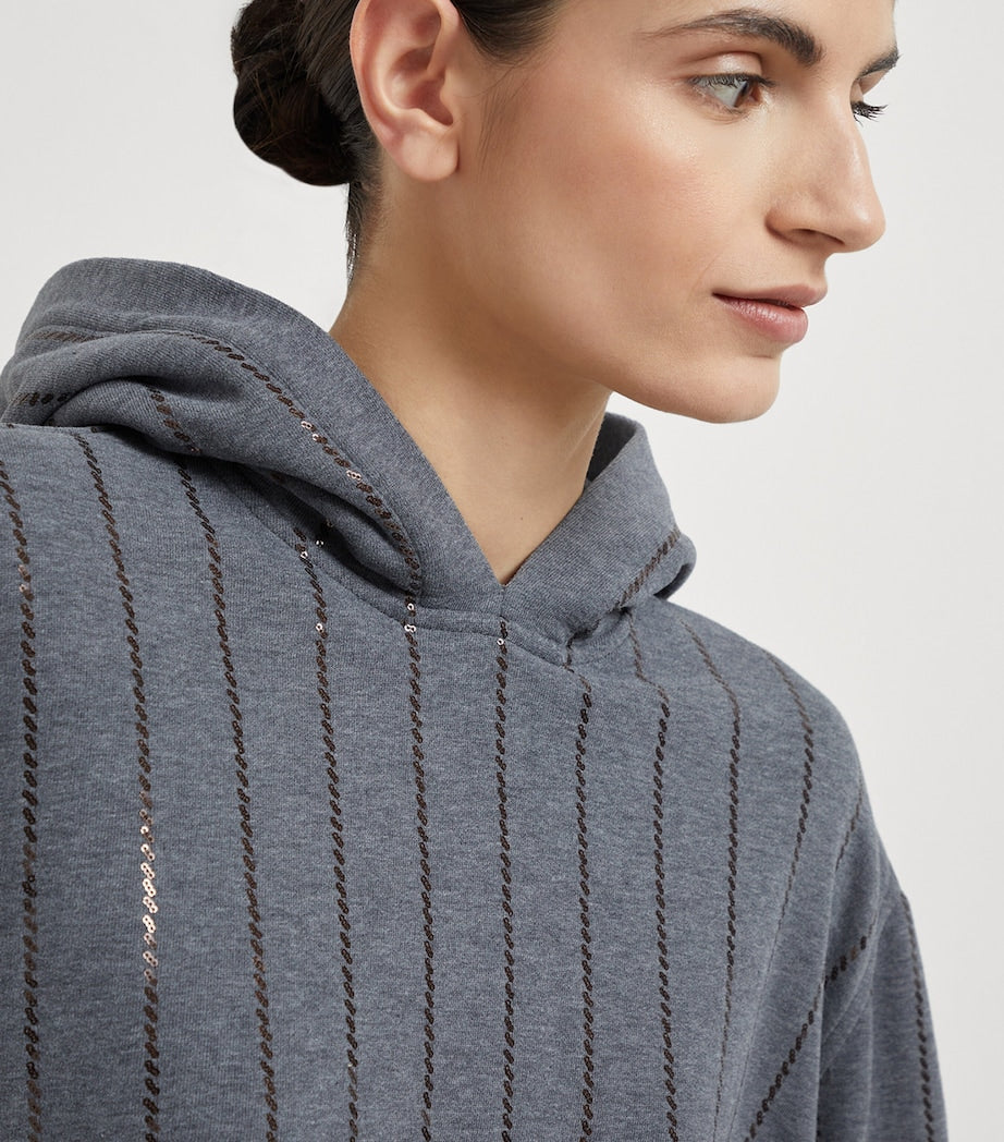 Grey Cotton Sequin-Stripe Hoodie