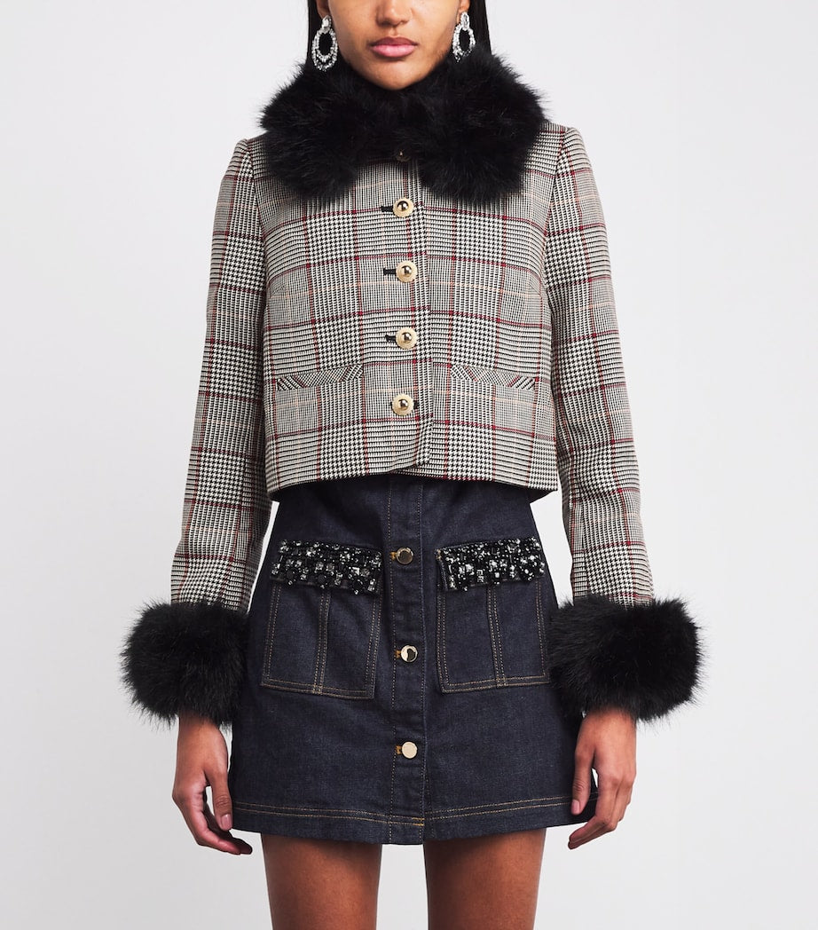 Self-Portrait Brown Faux Fur-Trim Check Jacket