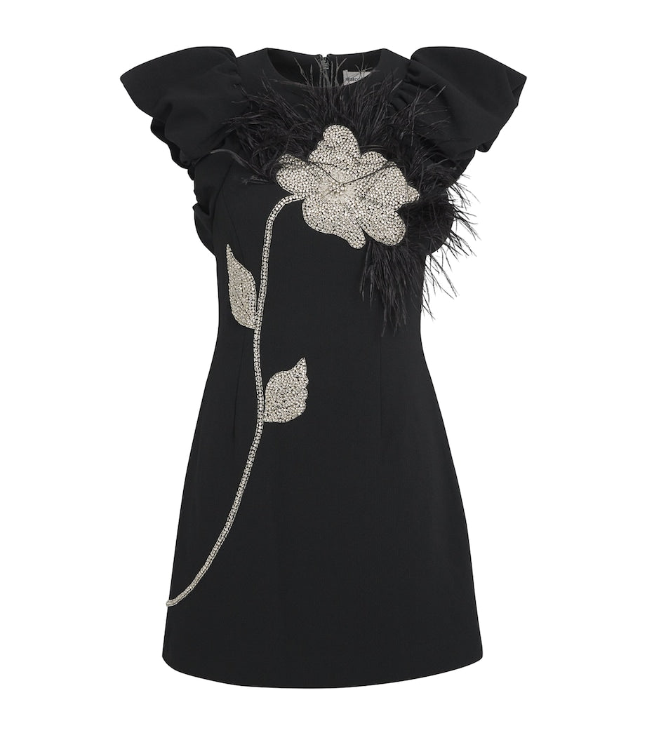 Rebecca Vallance Black Crepe Feather-Trim Starlight Mini Dress