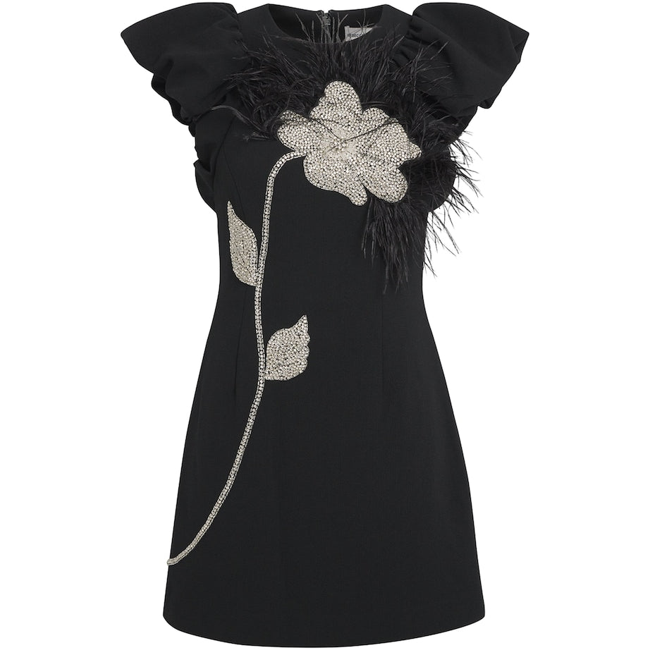 Rebecca Vallance Black Crepe Feather-Trim Starlight Mini Dress