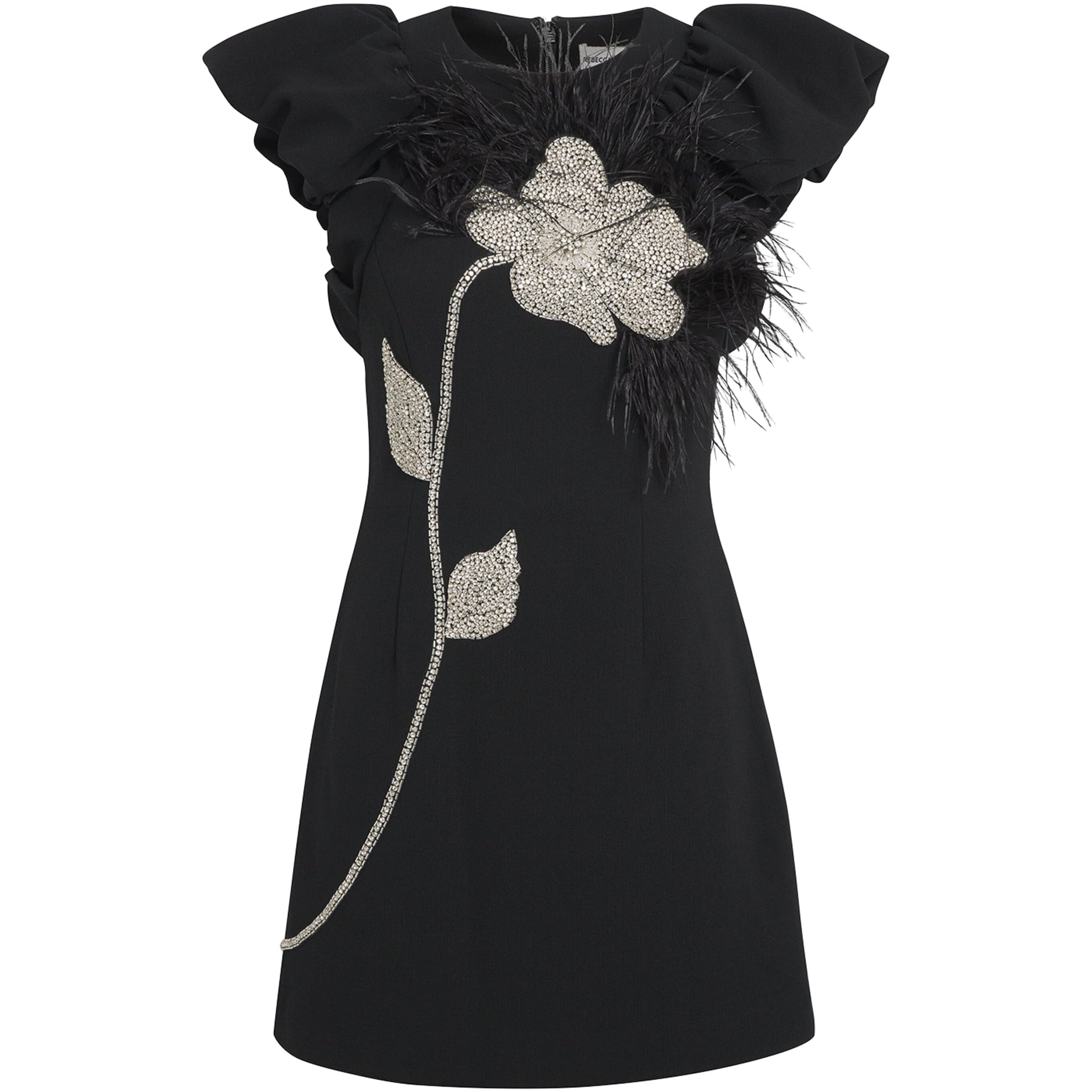 Rebecca Vallance Black Crepe Feather-Trim Starlight Mini Dress