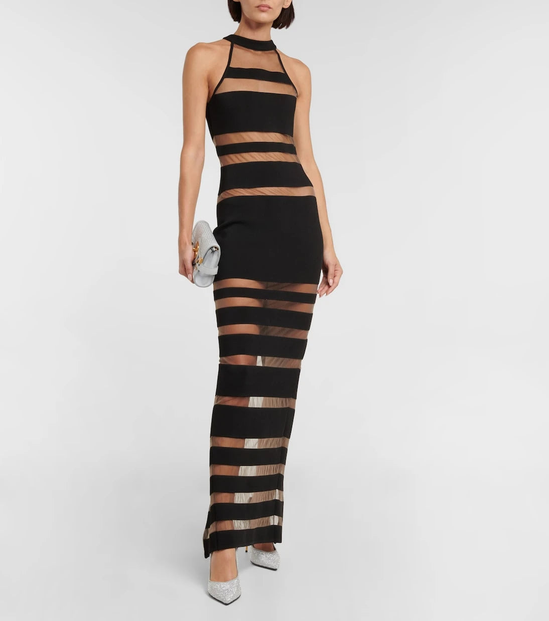 Balmain - Halterneck mesh-paneled gown