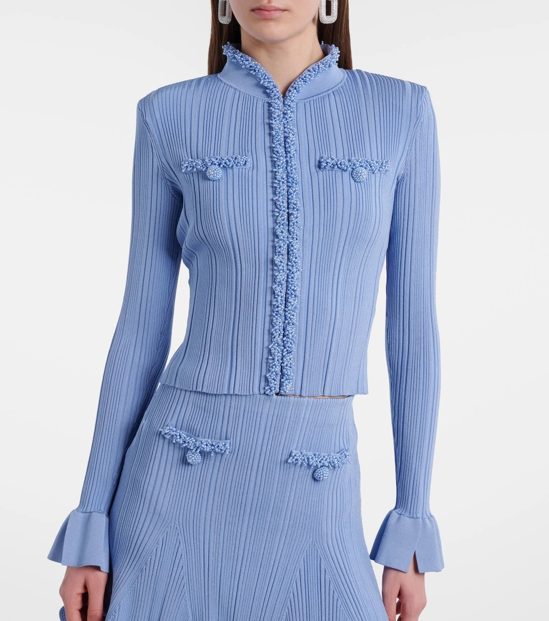 Self-Portrait - Beaded ribbed-knit cardigan