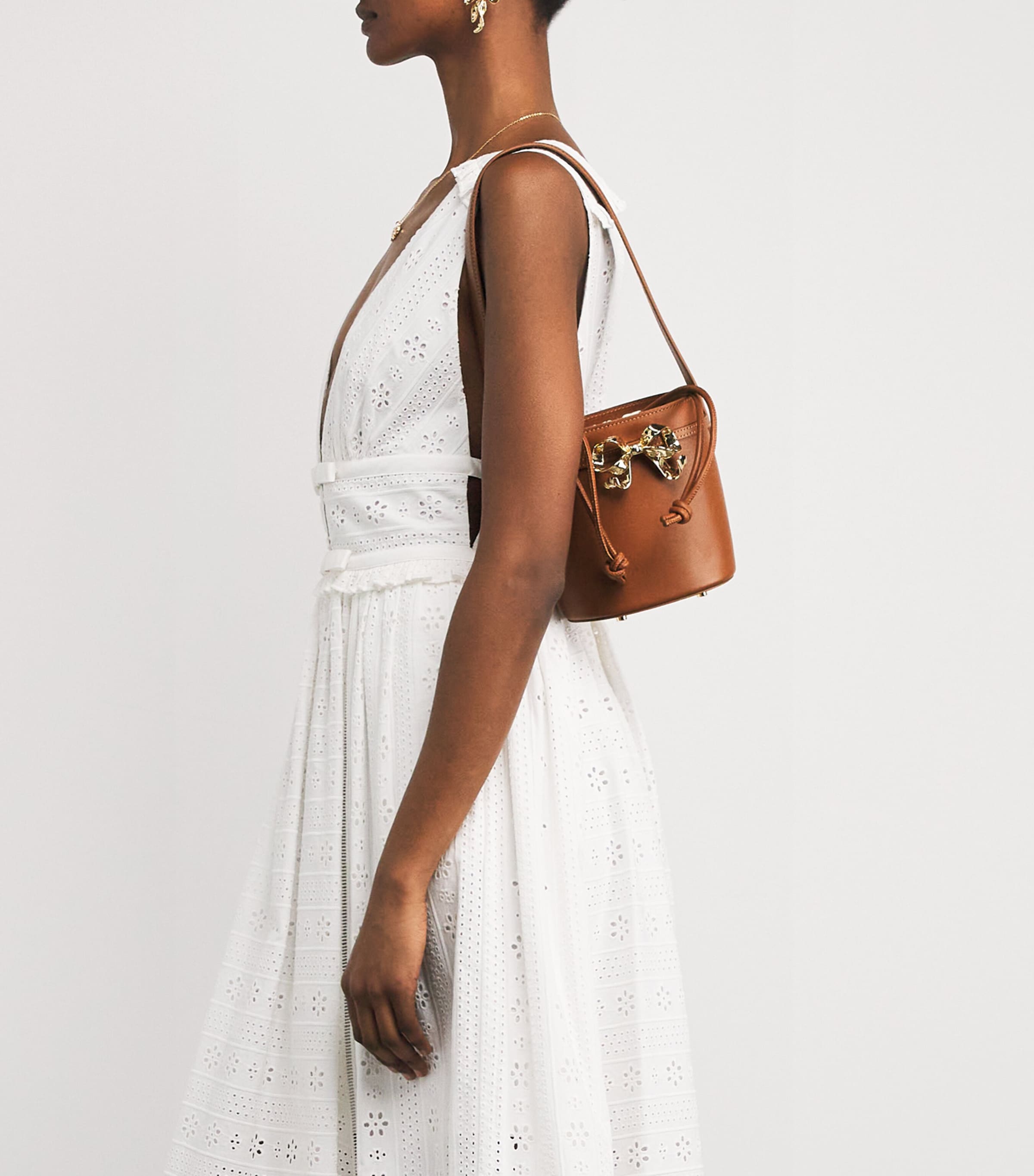 Self-Portrait Brown Leather Bow Bucket Bag
