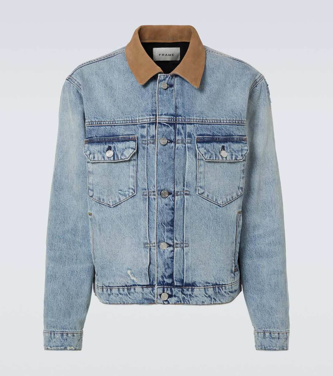 Frame - Distressed suede-trimmed denim jacket
