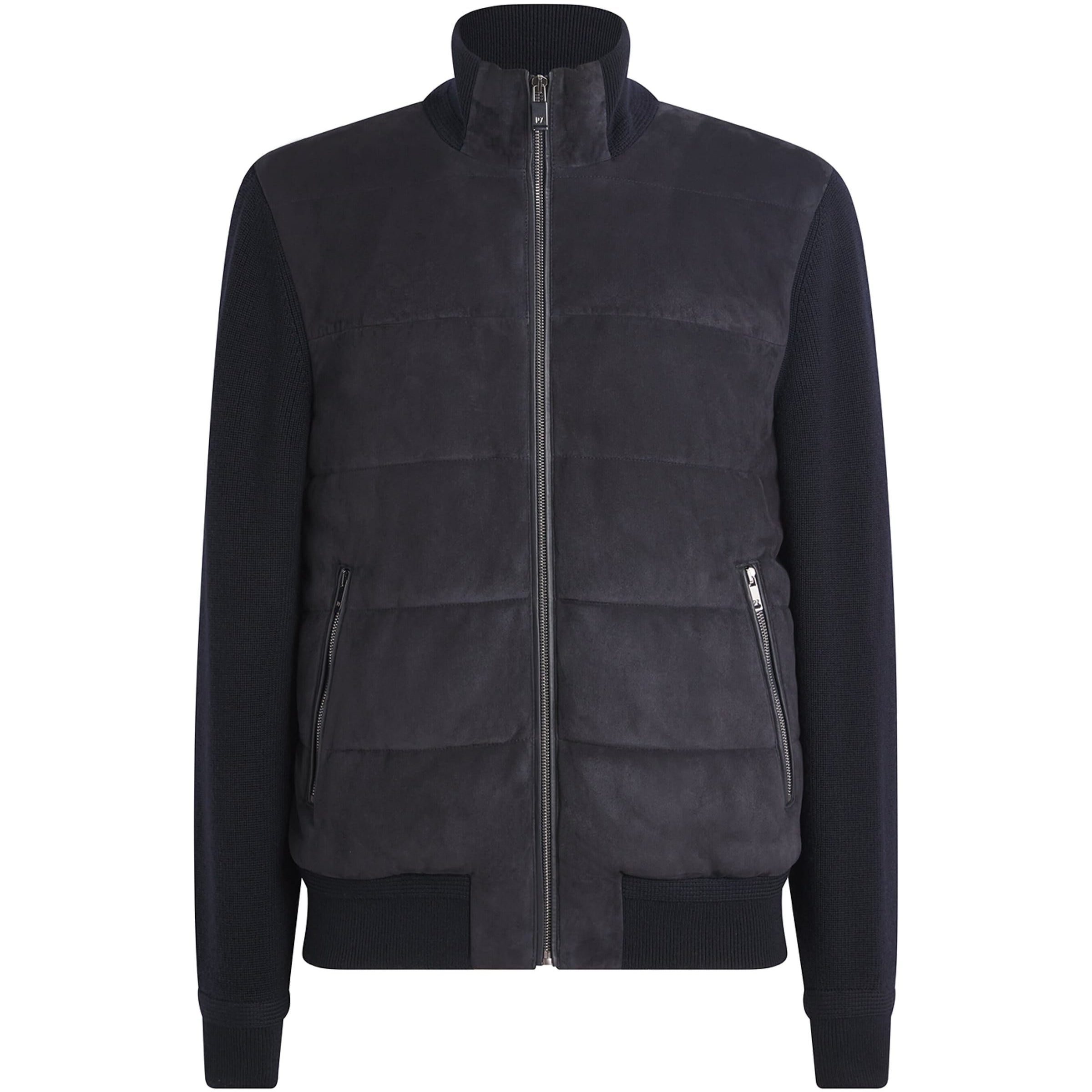 Navy Suede-Wool Bomber Jacket