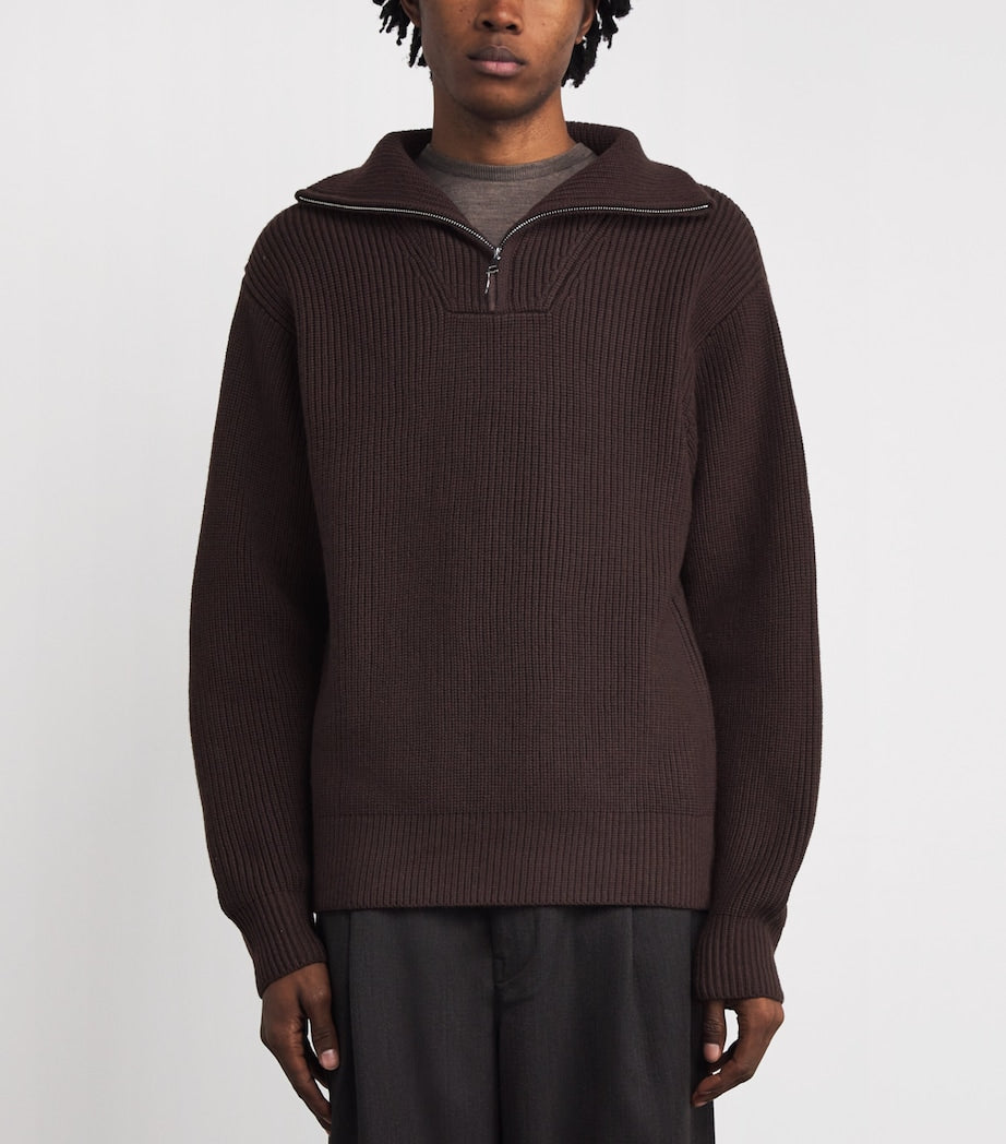 Officine Generale Brown Merino Wool Quarter-Zip Ribbed Sweater