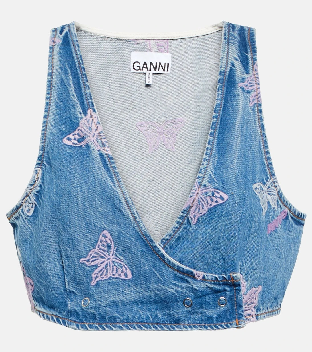 Ganni - Embroidered denim crop top