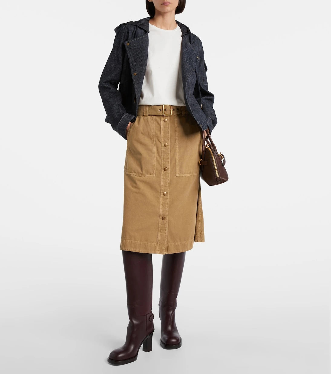 Moncler - Belted denim midi skirt
