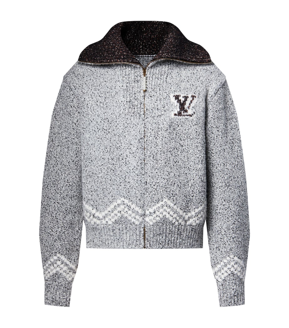 Grey Cotton-Wool Jacquard Zip-Up Cardigan