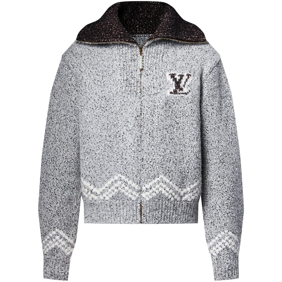 Grey Cotton-Wool Jacquard Zip-Up Cardigan