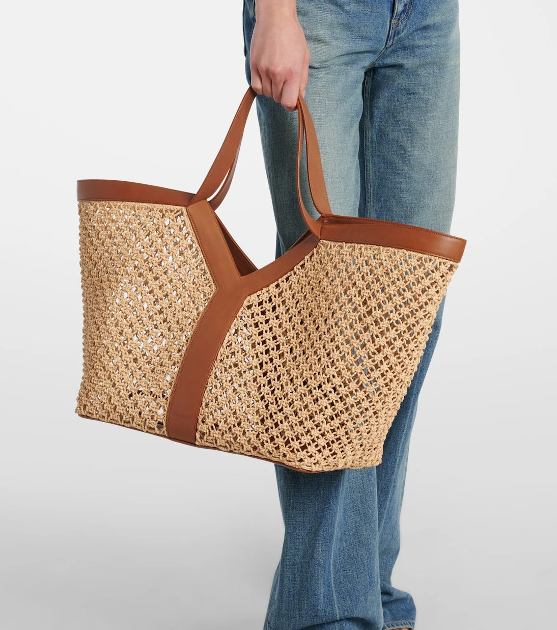 Saint Laurent - Y leather-trimmed raffia tote bag