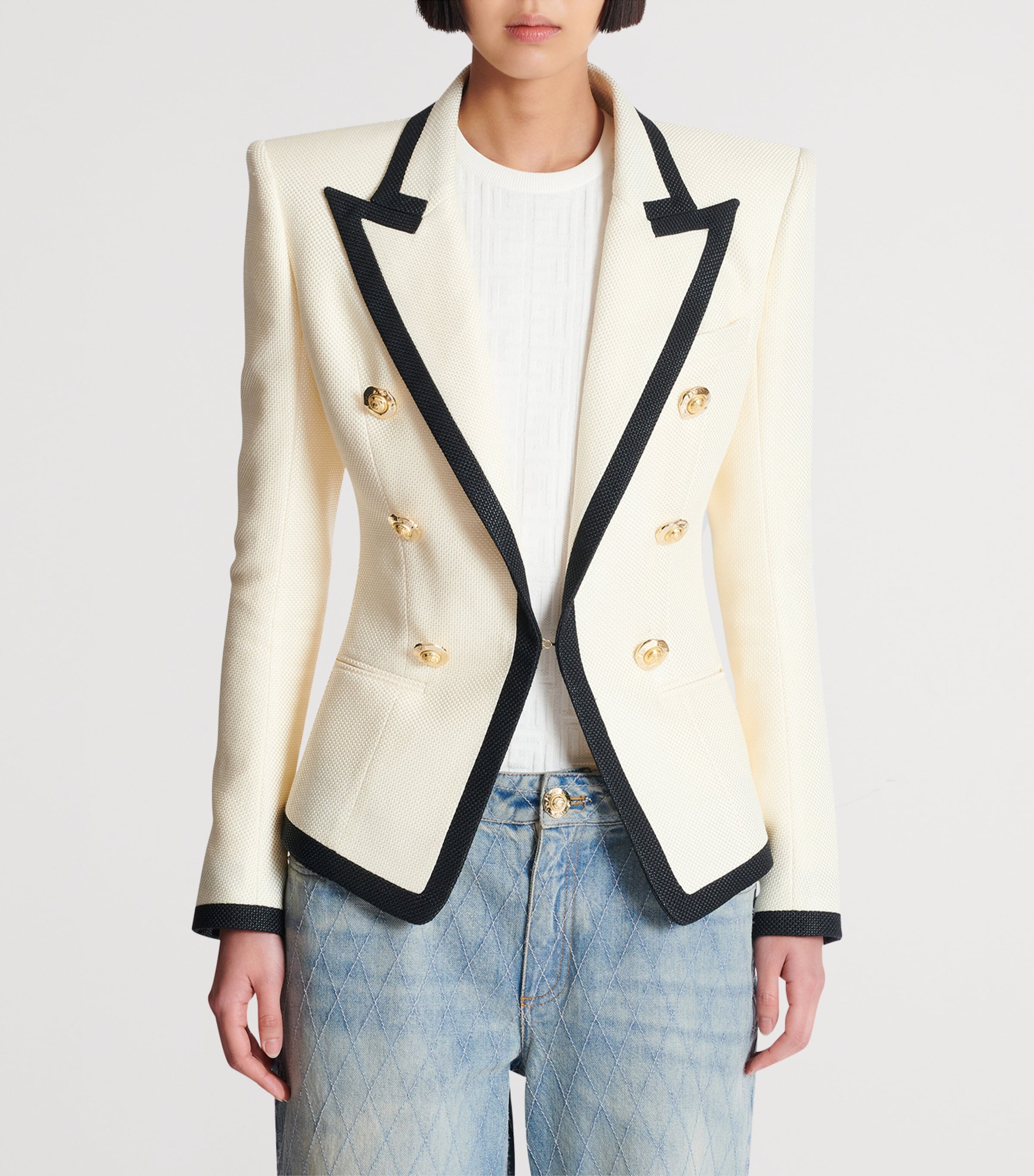 Balmain Beige Basket Weave Bordered Blazer