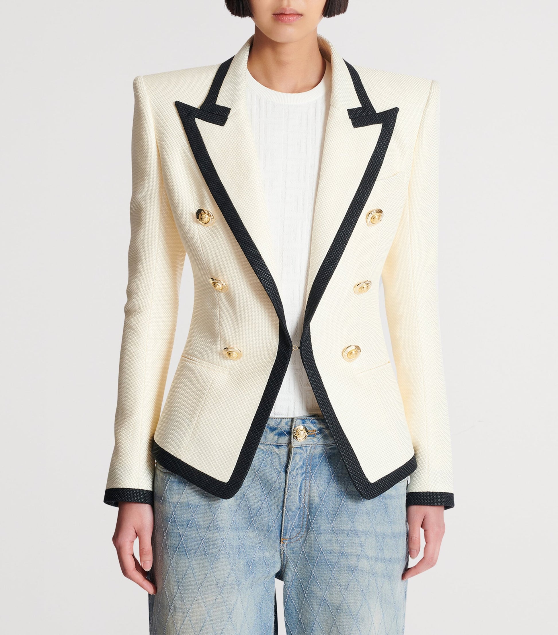 Balmain Beige Basket Weave Bordered Blazer