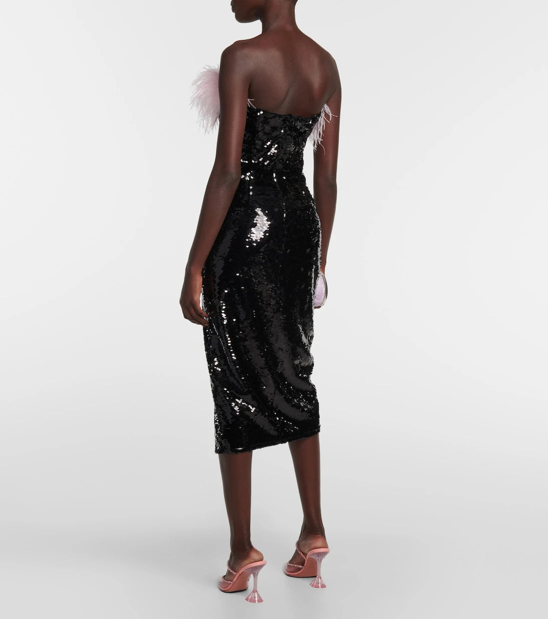 Self-Portrait - Feather-trimmed sequined midi dress