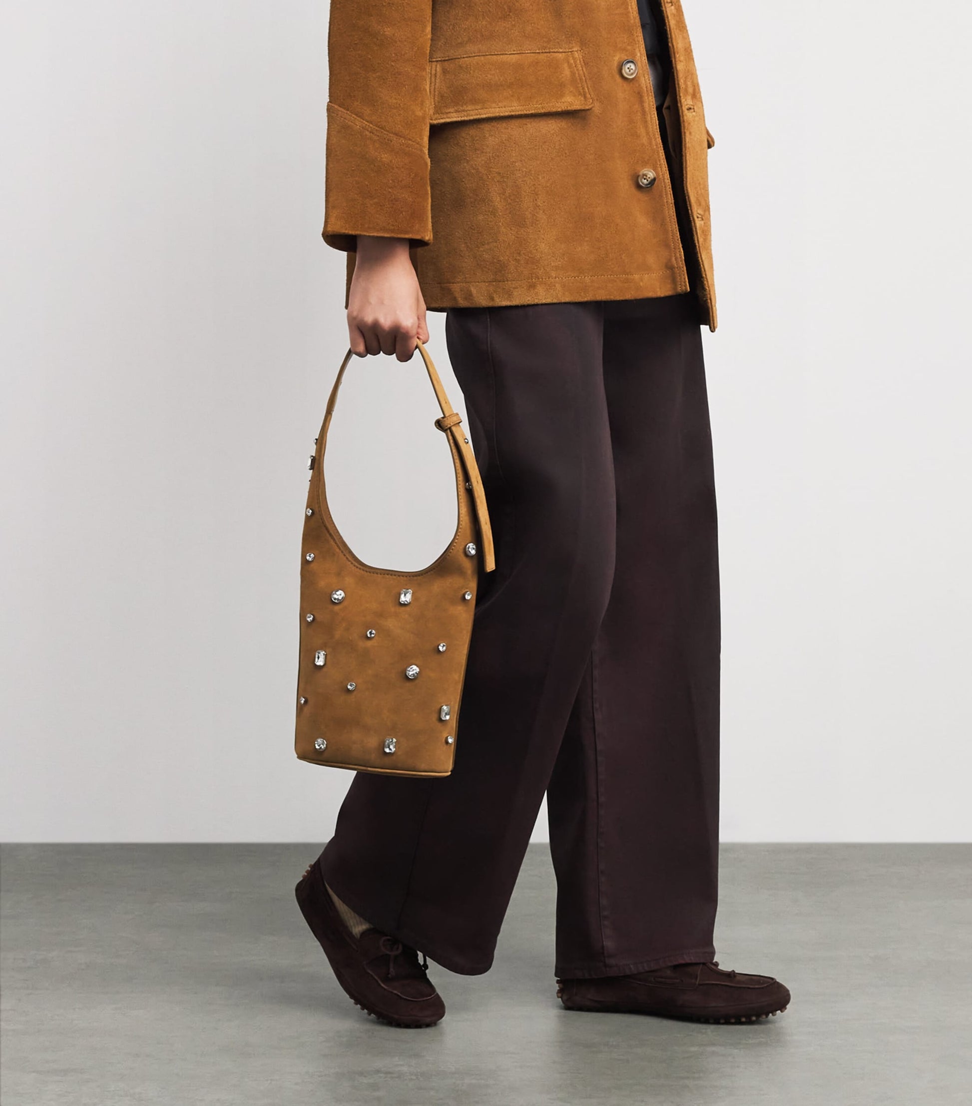 Suede Embellished Loop Shoulder Bag