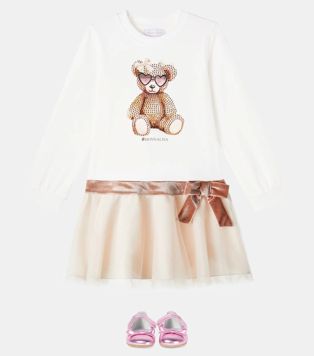 Monnalisa - Embellished printed cotton-blend tulle dress