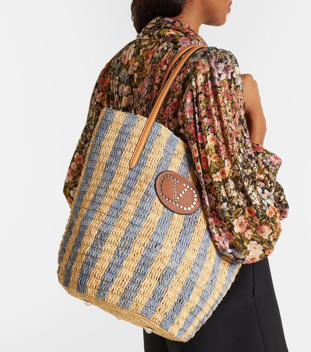 Valentino Garavani - VLogo striped raffia tote bag