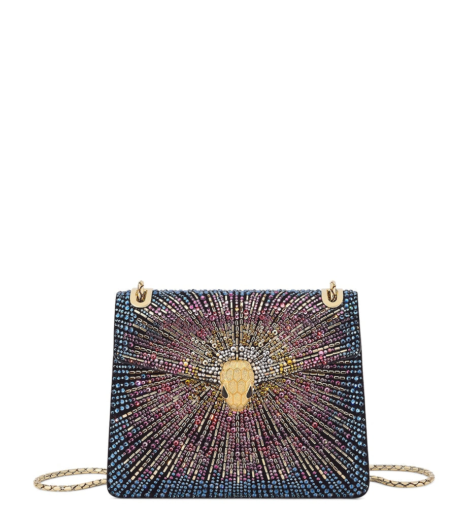 Blue Small Crystal-Embellished Suede Serpenti Forever Day-to-Night Shoulder Bag