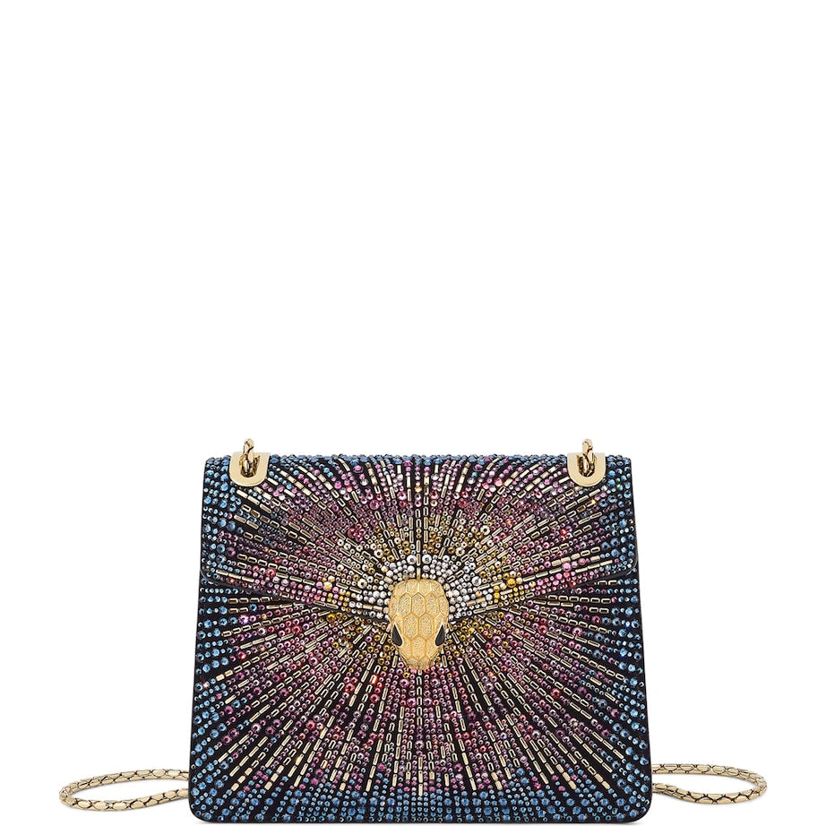 Small Crystal-Embellished Suede Serpenti Forever Day-to-Night Shoulder Bag BLUE MEDIUM
