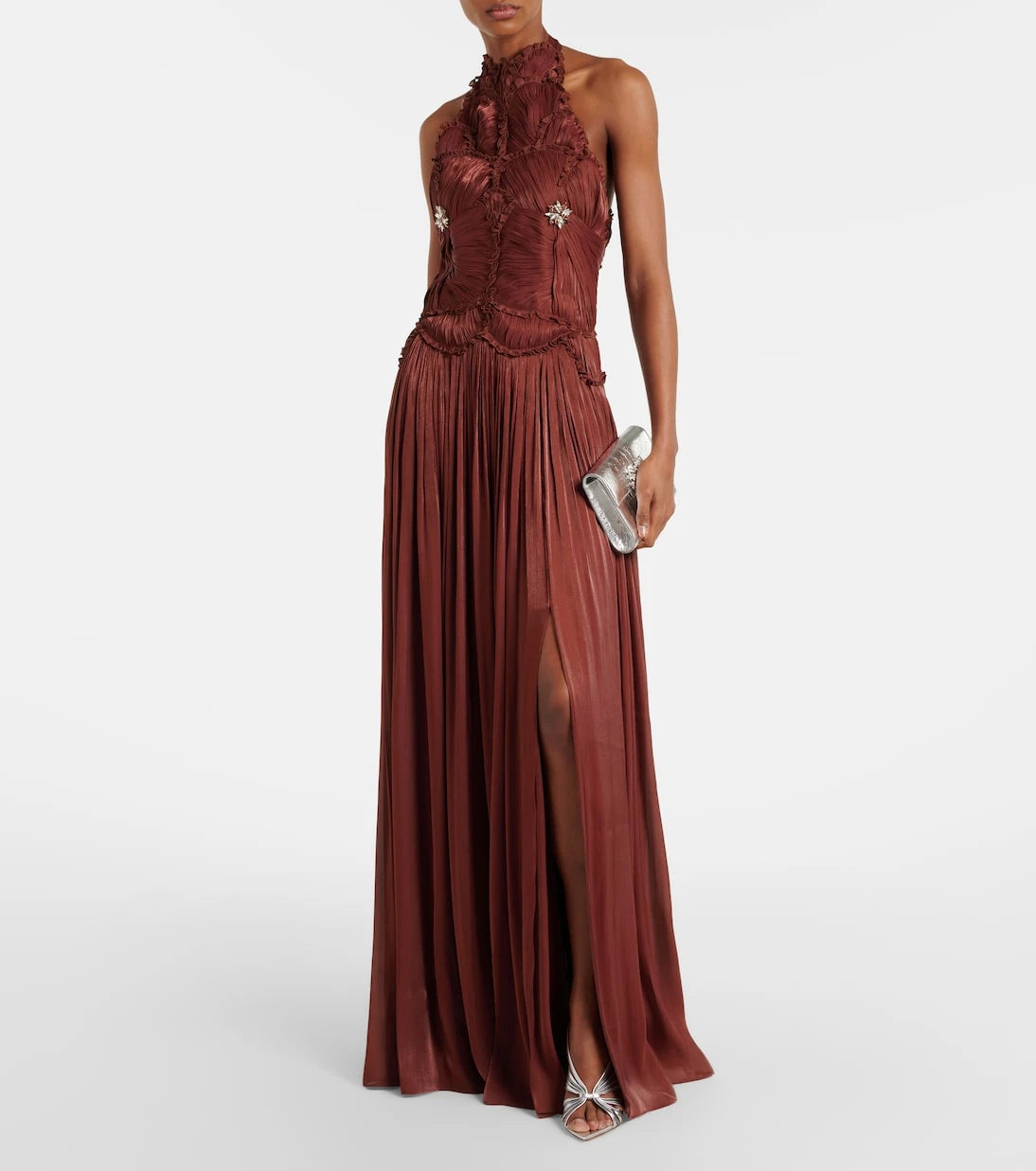 Costarellos - Embellished ruched georgette gown