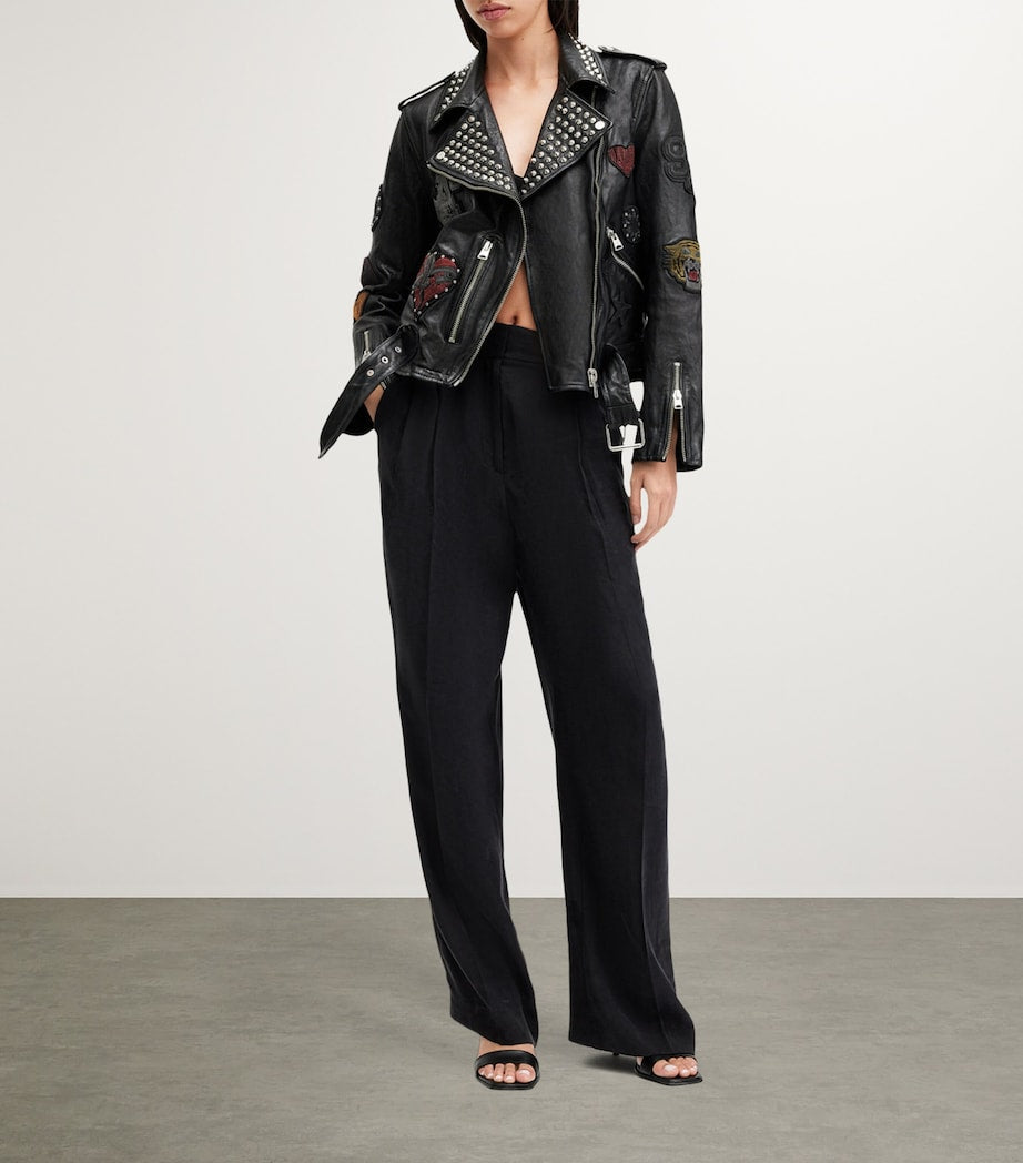 Black Leather College Biker Jacket