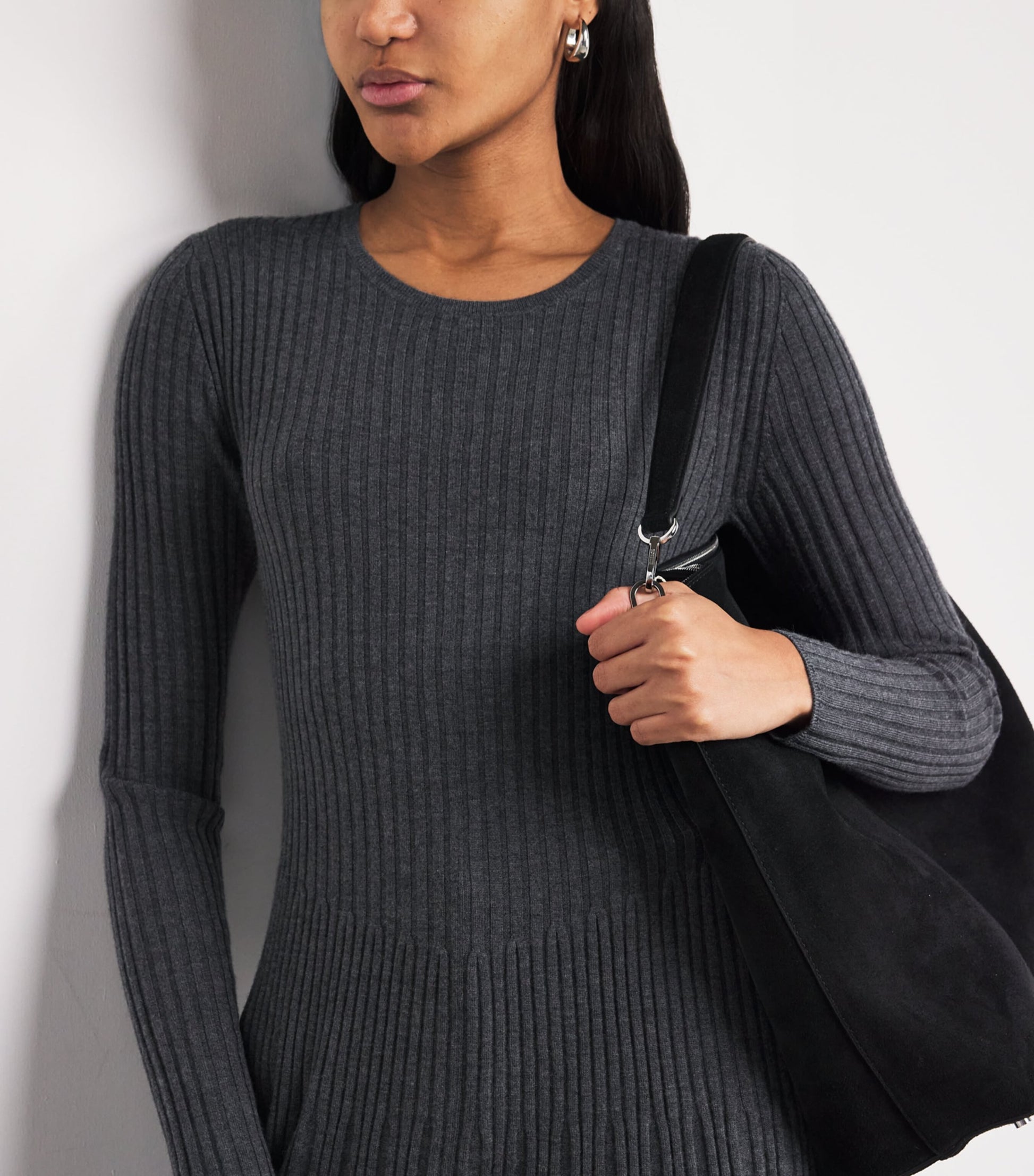 Joseph Merino Wool Ribbed Midi Dress - Smoke