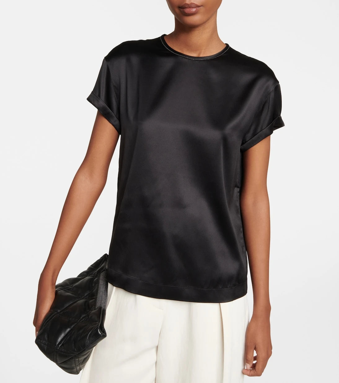 Brunello Cucinelli - Embellished silk-blend satin T-shirt