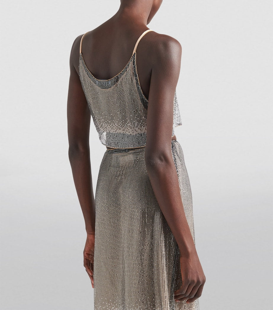 Metallic Rhinestone-Embroidered Mesh Top