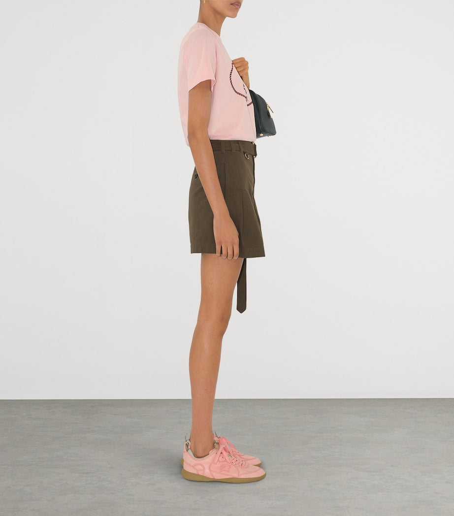 Brown Cotton Gabardine Belted Shorts