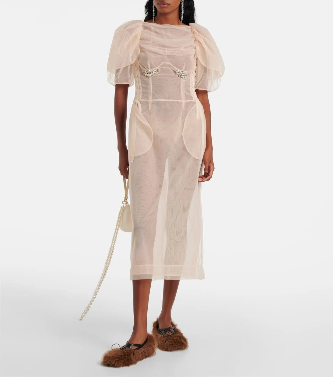 Simone Rocha - فستان ميدي شبكي مكشكش ومزين بالخرز