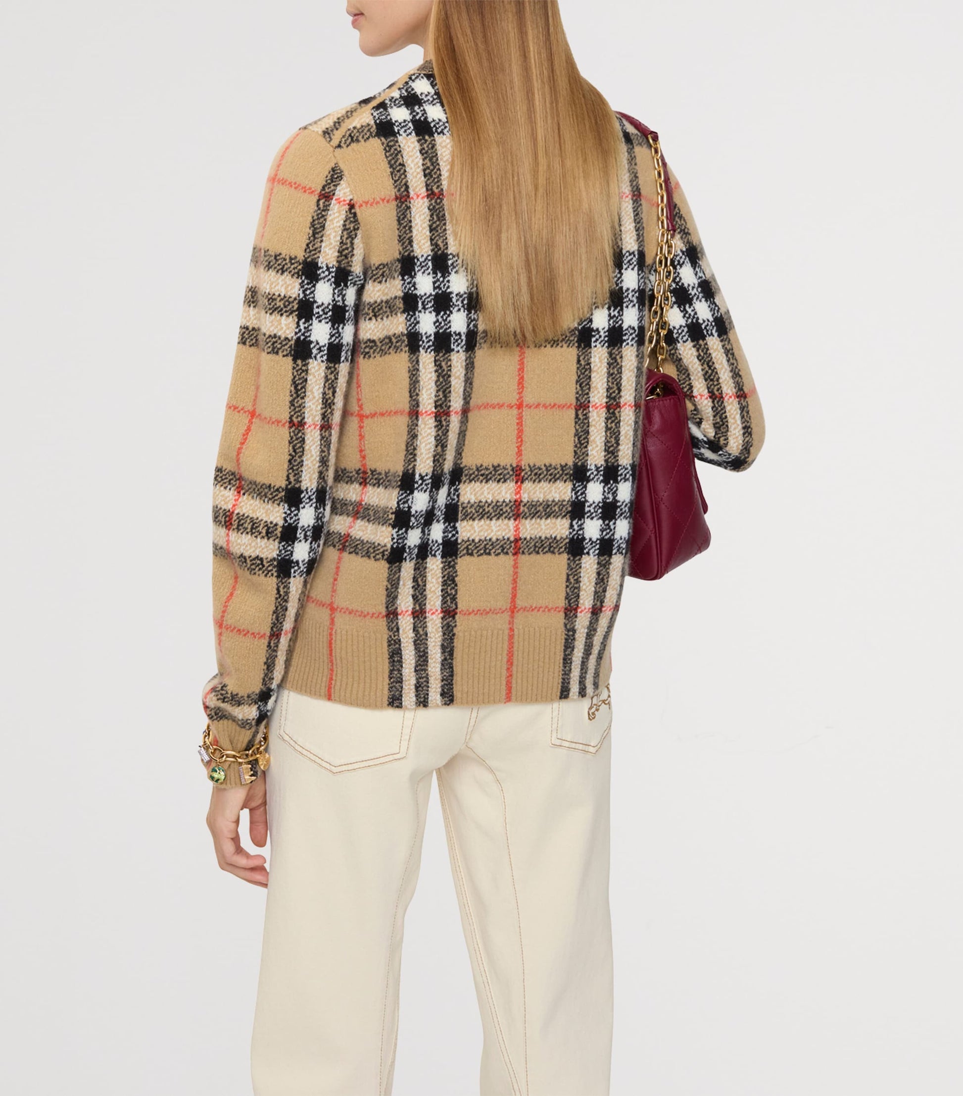 Beige Cashmere-Wool Check Cardigan