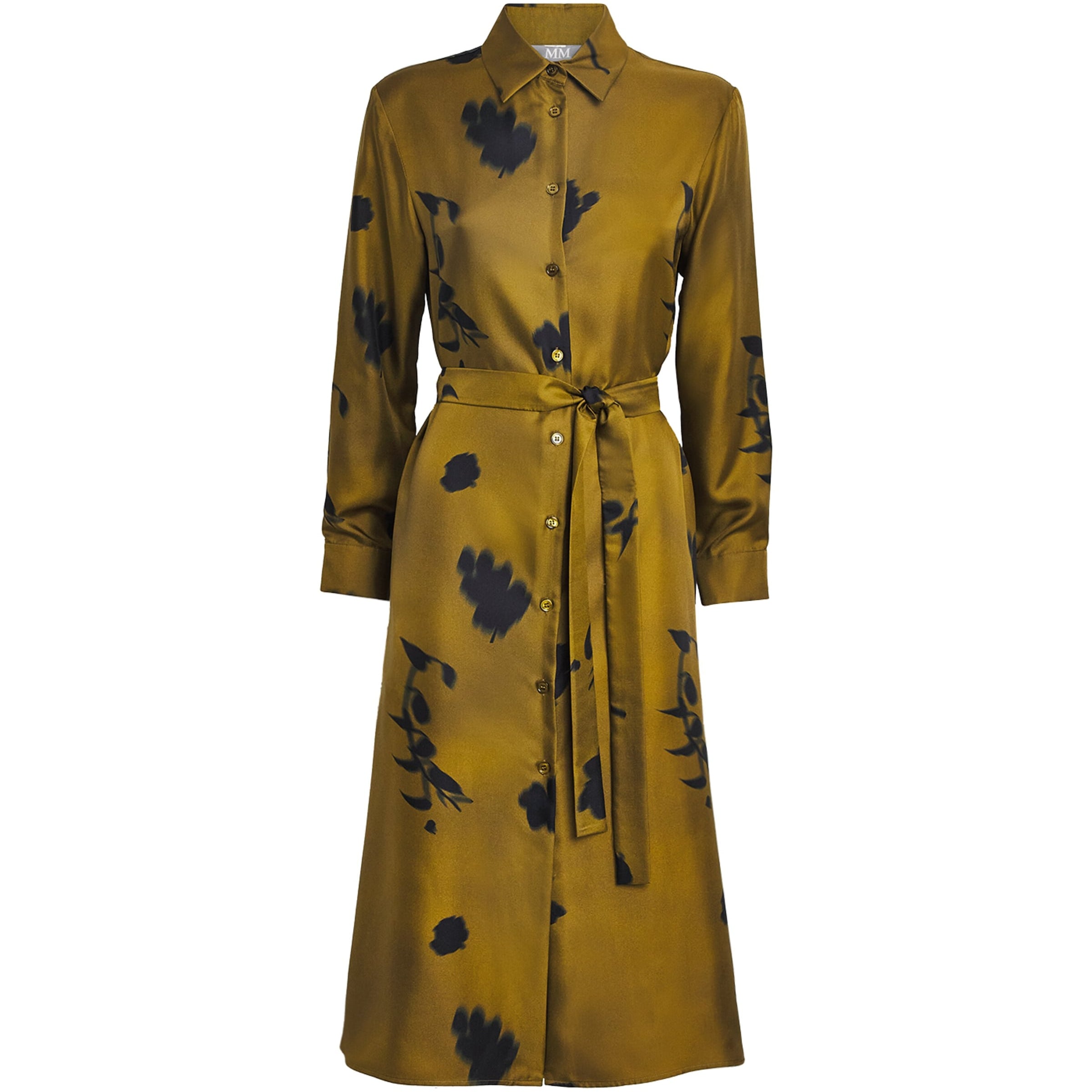 Silk Printed Jadi Midi Shirt Dress 001 OLIVE GREEN