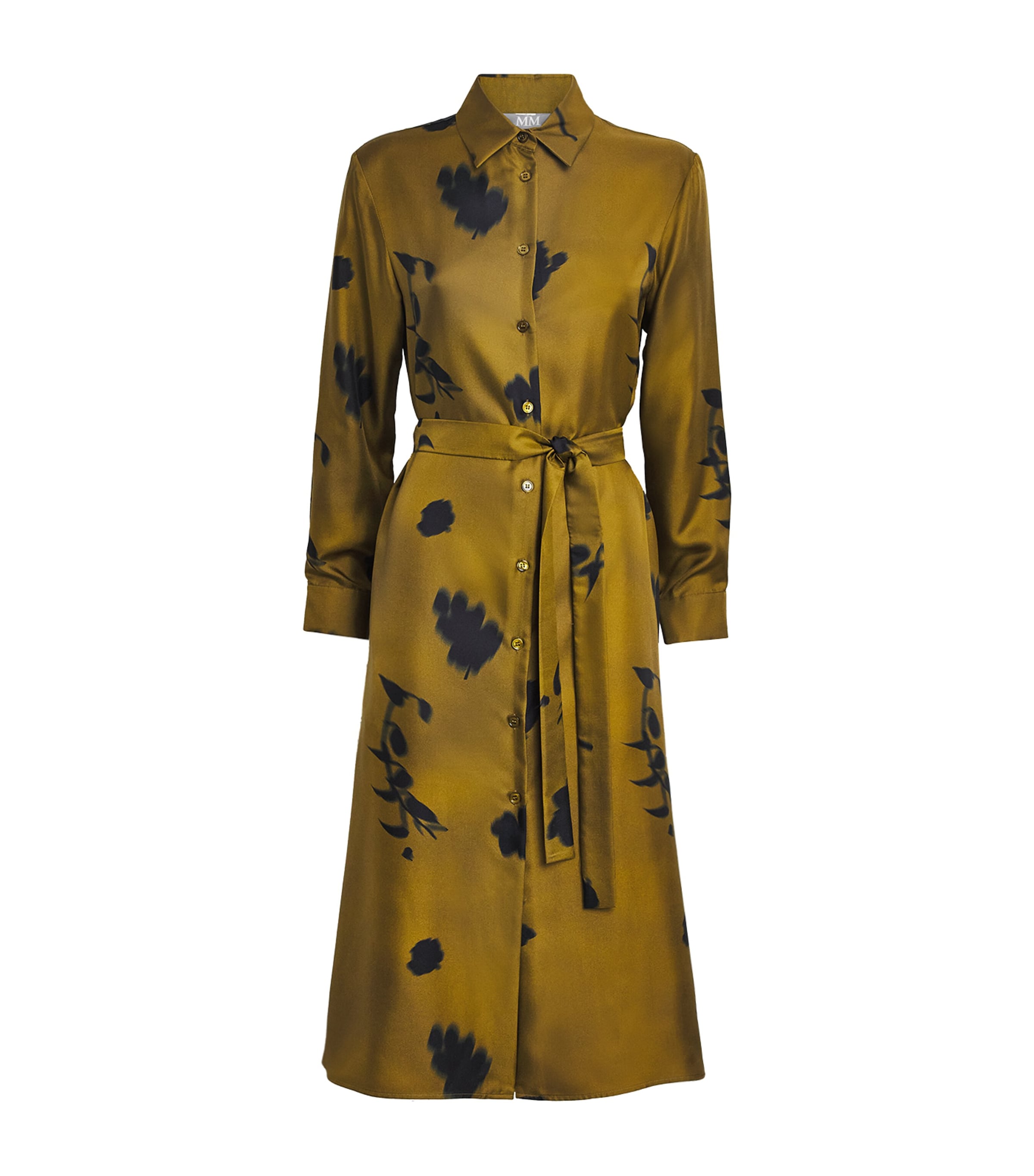 Silk Printed Jadi Midi Shirt Dress 001 OLIVE GREEN