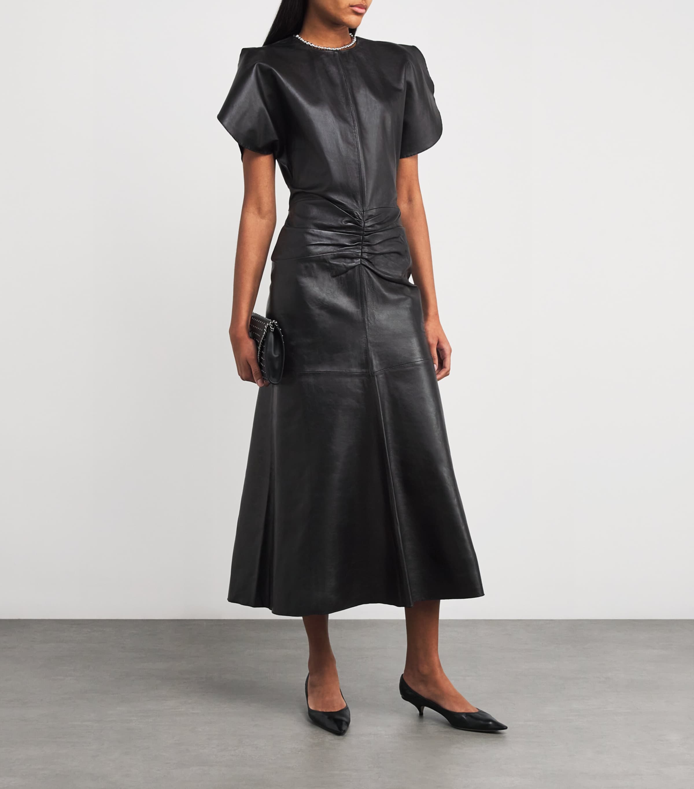 Leather Gathered Waist Midi Dress