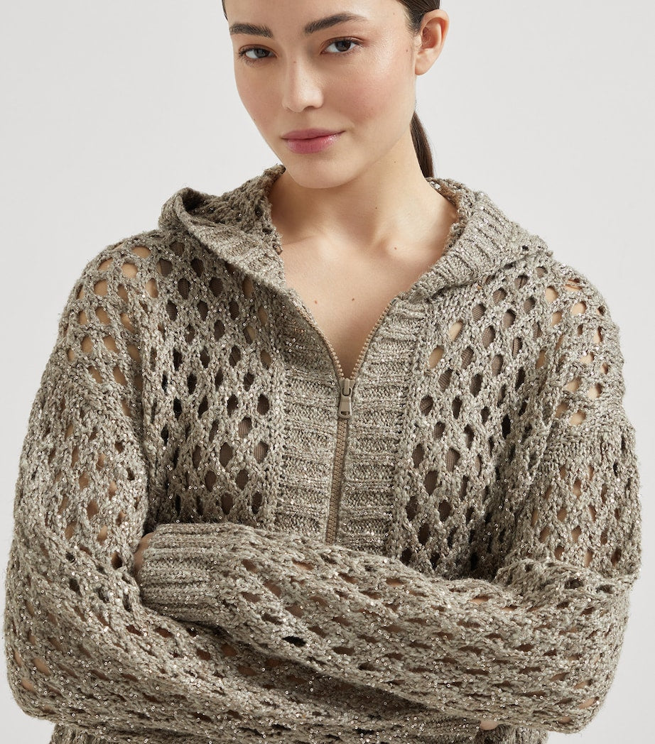 Brunello Cucinelli Brown Dazzling Netted Hooded Cardigan