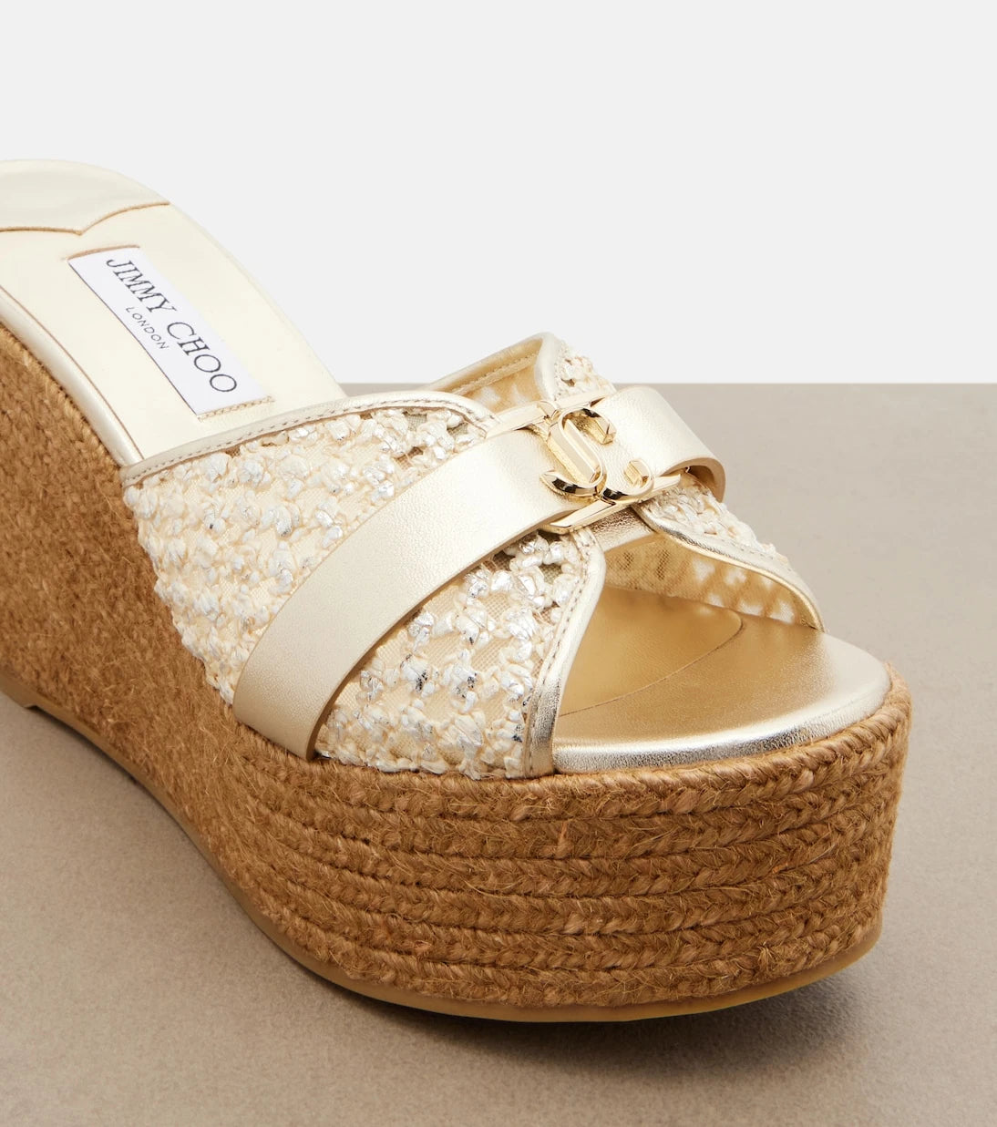 Jimmy Choo - Leda raffia-trimmed leather wedge espadrilles