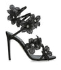 René Caovilla Black Satin Floral Cleo Sandals 105