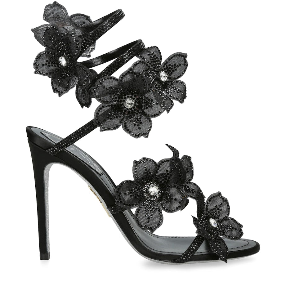 René Caovilla Black Satin Floral Cleo Sandals 105